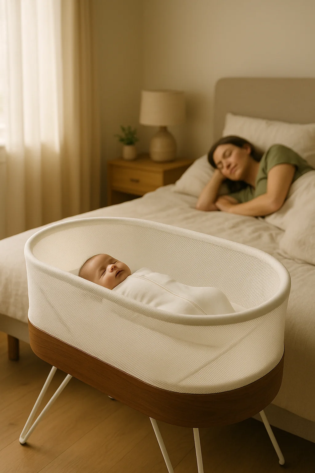 Mother soothing her baby in a SNOO bassinet