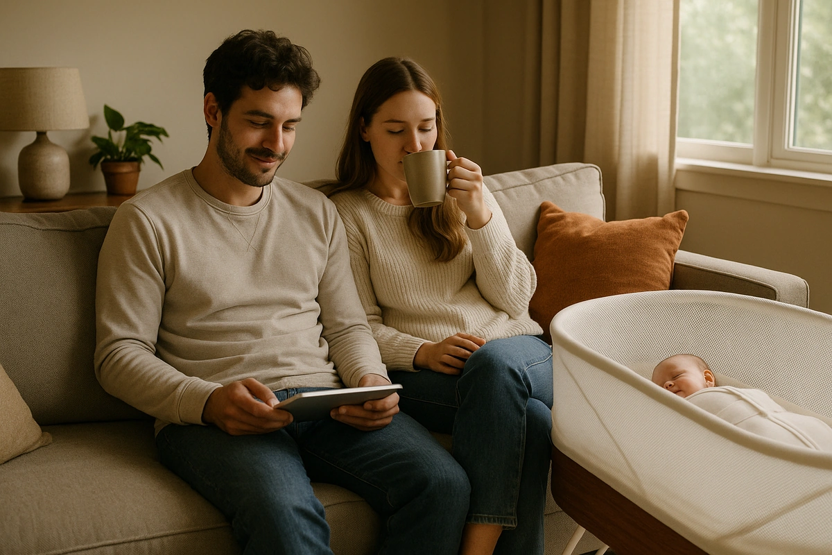 Happy parents in pyjamas with their baby