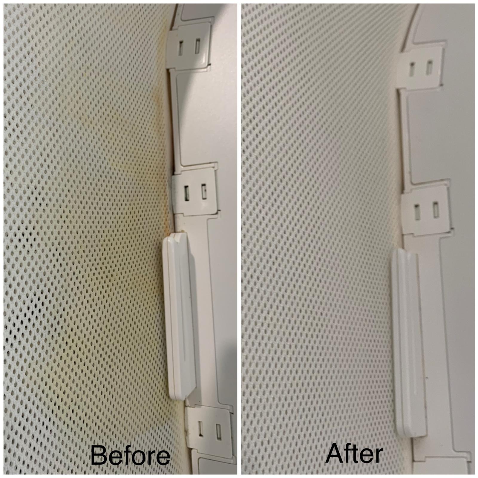 SNOO cleaning before and after - close up of mesh showing stain removal