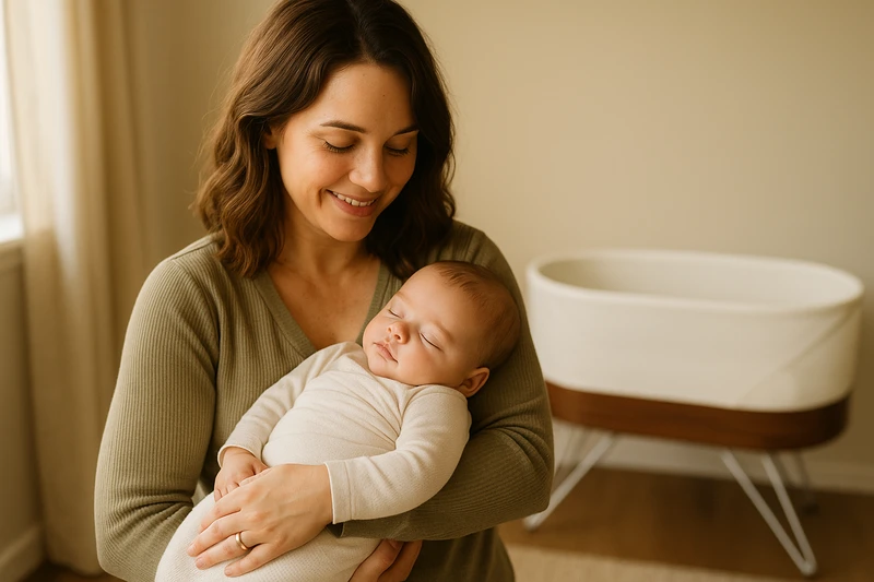 Happy parents resting while baby sleeps in SNOO